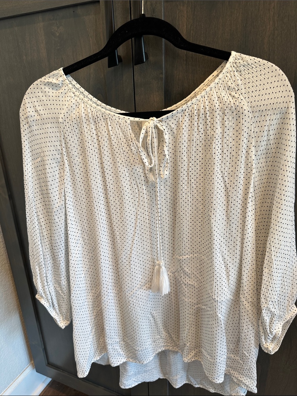 NY Collection White Blouse with Black Dot Print and Tassel Tie